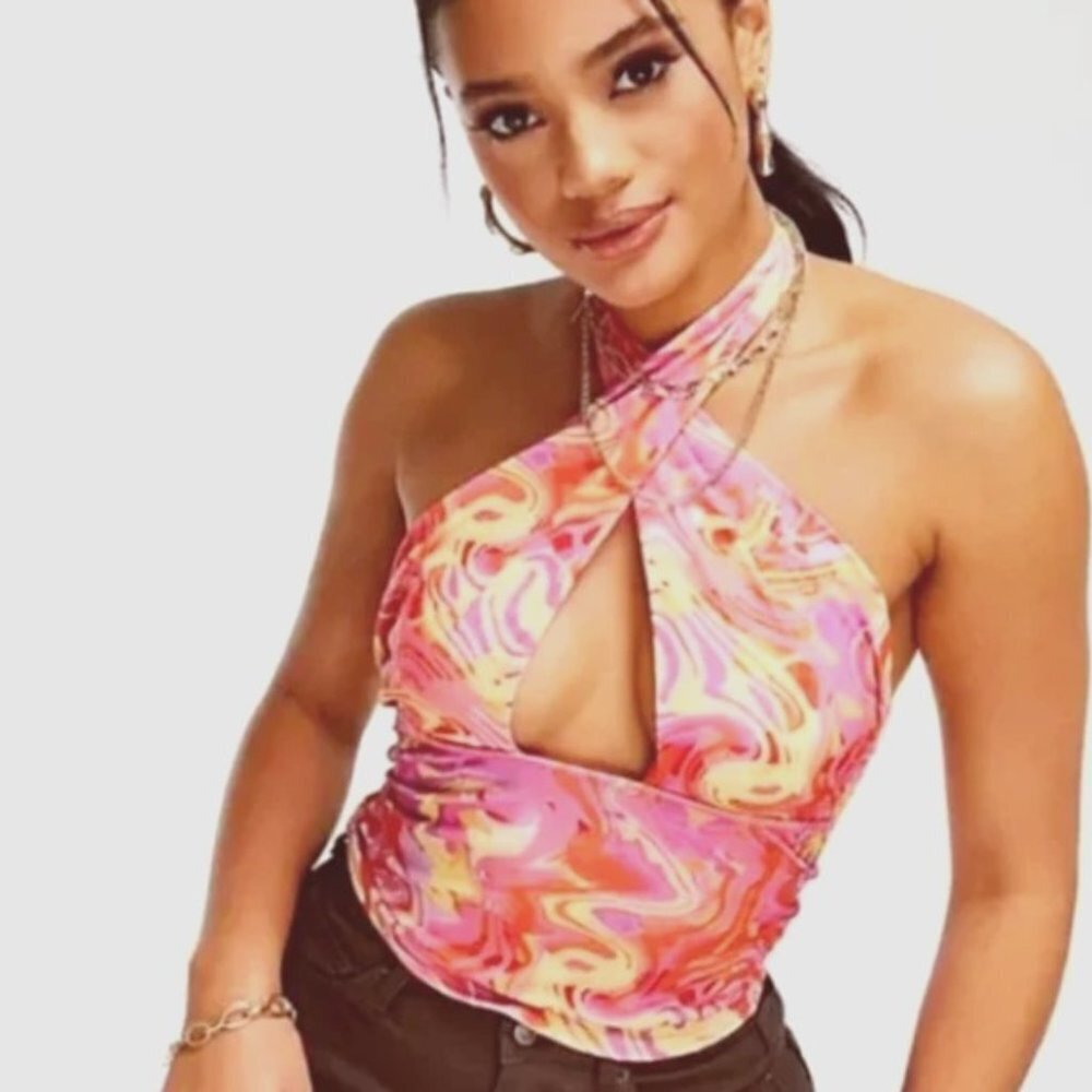 ASYOU Women's Abstract Print Wrap Front Halter Top - UK 4